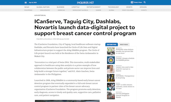 ICanServe, Taguig City, Dashlabs, Novartis launch data-digital project to support breast cancer control program - Philippine Daily Inquirer